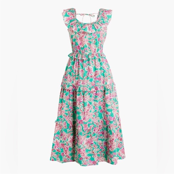 J. Crew ** Pink Green Swiss Dot Printed Ruffle Collar Midi Dress with Tie Back - Picture 1 of 14
